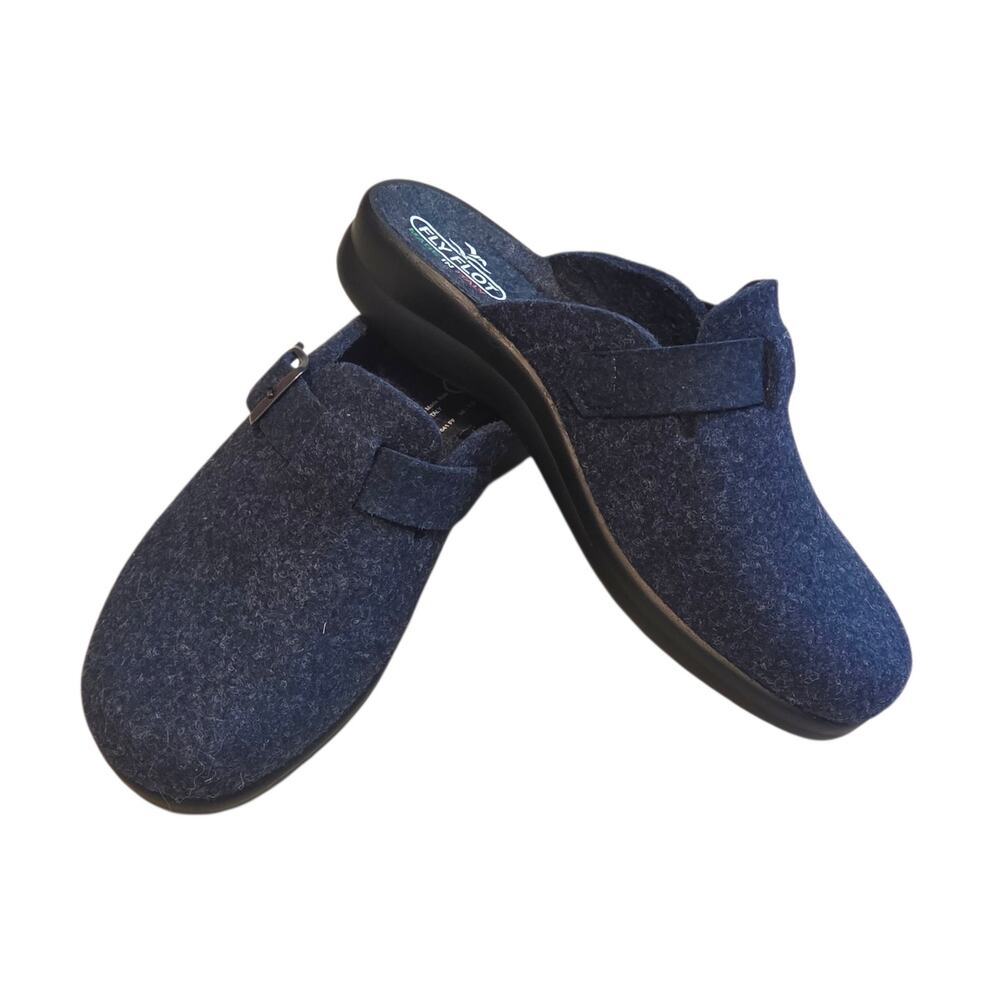 Fly Flot Felt Clogs Slip-On Mules Navy Blue with Side Buckle NWT, Size 7.5 EU 38